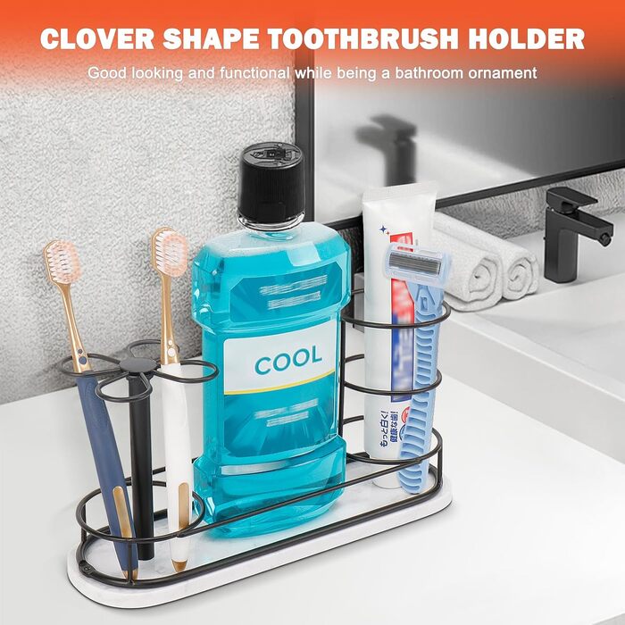 HarJue Toothbrush Holder for Bathroom, Metal Toothbrush Organizer with Marble Base, Toothbrush Storage Collection for Family, Suitable for Home, Hotel, Countertop, Vanity (Matte Black, Large)
