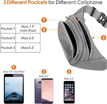 Чоловіча/Жіноча поясна сумка-бананка 4 Taschen, велика місткість, чорна/сіра, для iPad mini/iPhone 12 Pro Max, водонепроникна, з регульованим ремінком