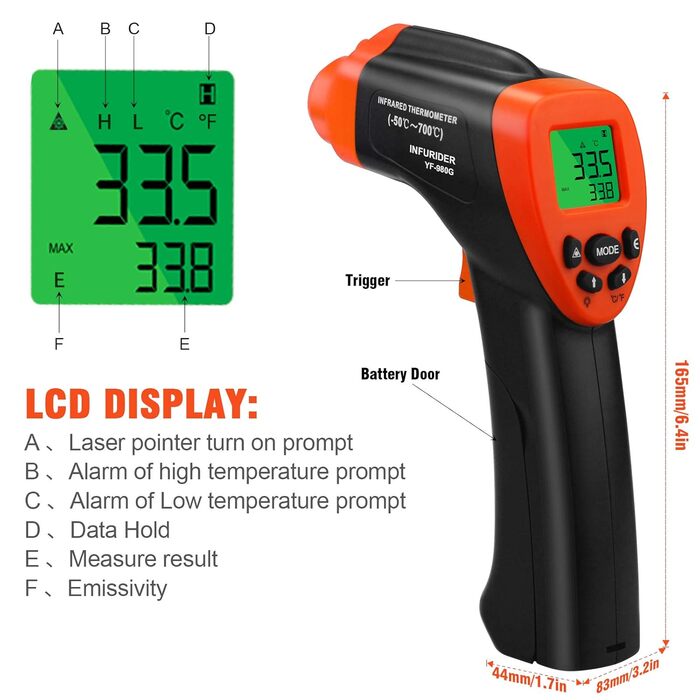 Інфрачервоний термометр 30:1 з лазером та додатком, IR термометр -50℃-1600℃, 8-14μm, безконтактний, Max/Min/Avg/DIF (980G)