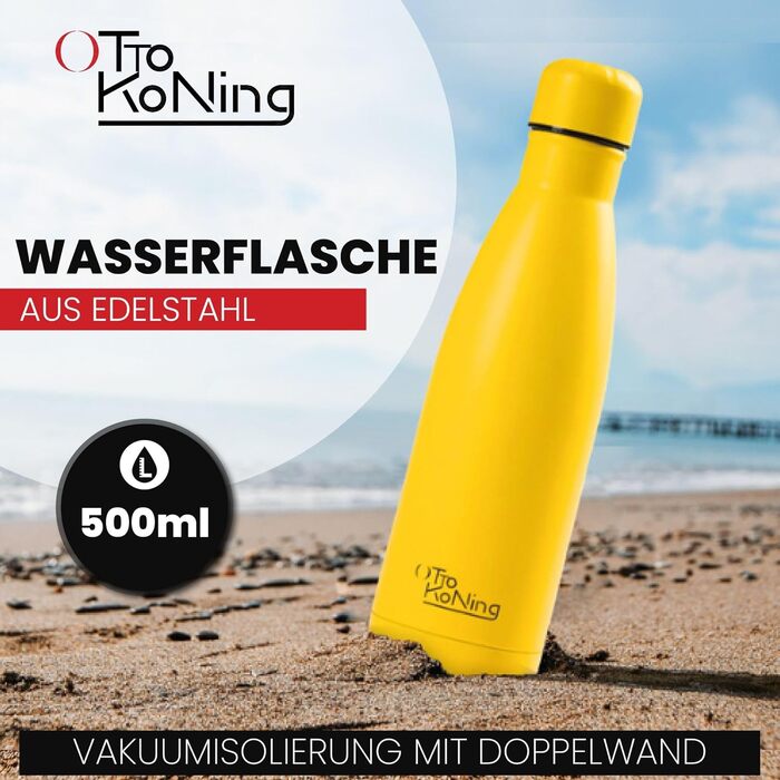 Термос-термопляшка з нержавіючої сталі Otto Koning, 500 мл. Подвійні стінки, вакуумна ізоляція, BPA-free. Жовтий колір.