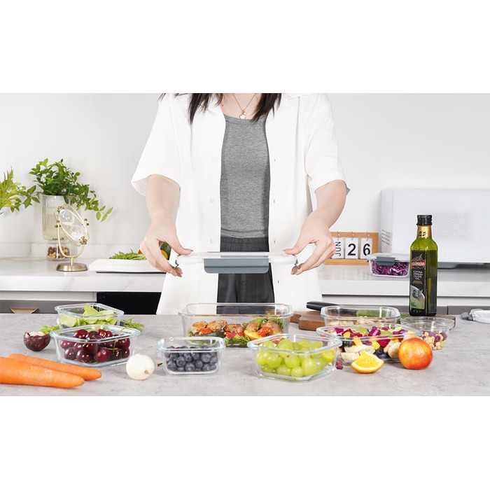 Набір контейнерів для зберігання продуктів Glas, 18 шт. (9 контейнерів, 9 кришок) - безпечні для миття в посудомийній машині, мікрохвильовій печі та морозильній камері, без BPA, сірий