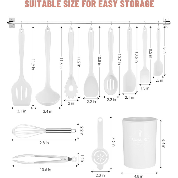 Набір кухонного силікону 12 шт., BPA-free, для антипригарного посуду, до 200°C, з підставкою, зелений (білий)