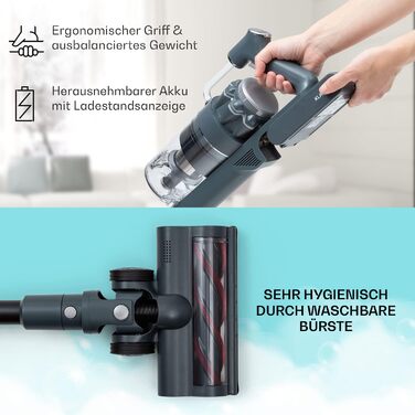 Бездротовий акумуляторний пилосос Klarstein без мішка з 4-ступеневим фільтром E12 EPA, для шерсті тварин, килима та твердих підлог, вертикальний пилосос без мішка з насадкою для підлоги 180° (сірий)