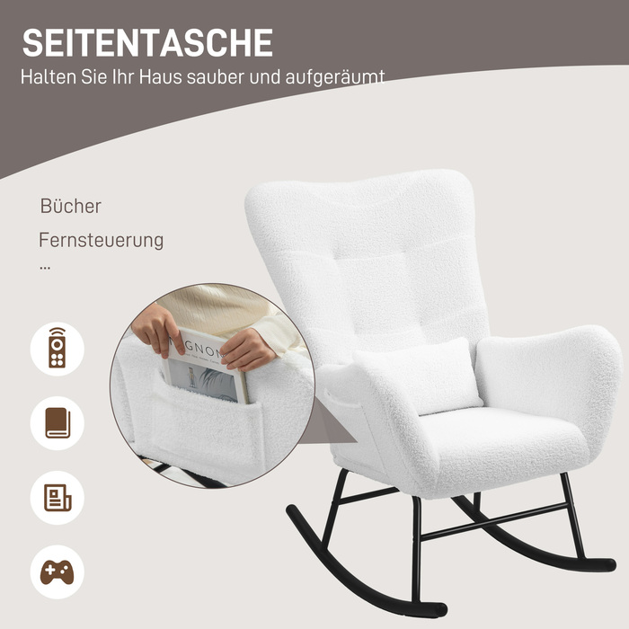 HOMCOM Rocking Chair, Rocking Armchair with Teddy Fabric Look, Armrests, Still Chair with Wooden Runners, Lumbar Pillow, Recliner with Side Pocket for Living Room, Bedroom, White | Aosom