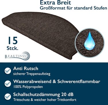 Beautissu Non-Slip Stair Treads - 55x15 cm - 15 Pack - Self-Adhesive Indoor Stair Mats - Carpet Stair Treads for Narrow Stairs - ProStair - Dark Brown