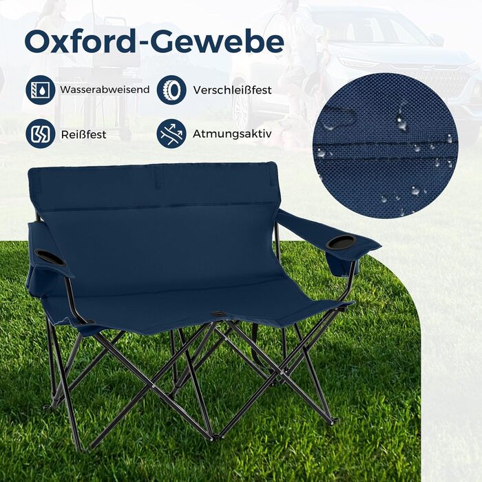 Крісло для кемпінгу Costway на 2 особи, розкладне з підсклянниками та підлокітниками, 300 кг, з сумкою, для кемпінгу, пікніка, риболовлі (Блакитний)