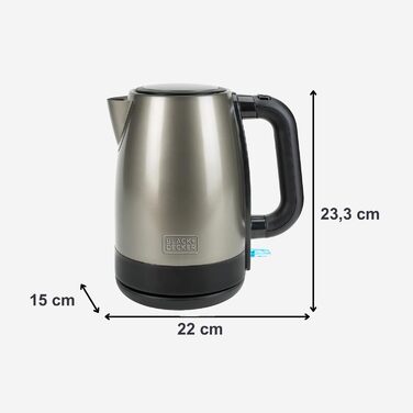 Електричний чайник BLACK+DECKER BXKE2202E 1.2L, 2200W, нержавіюча сталь, поворотна база 360°, для лівшів, з автовимкненням