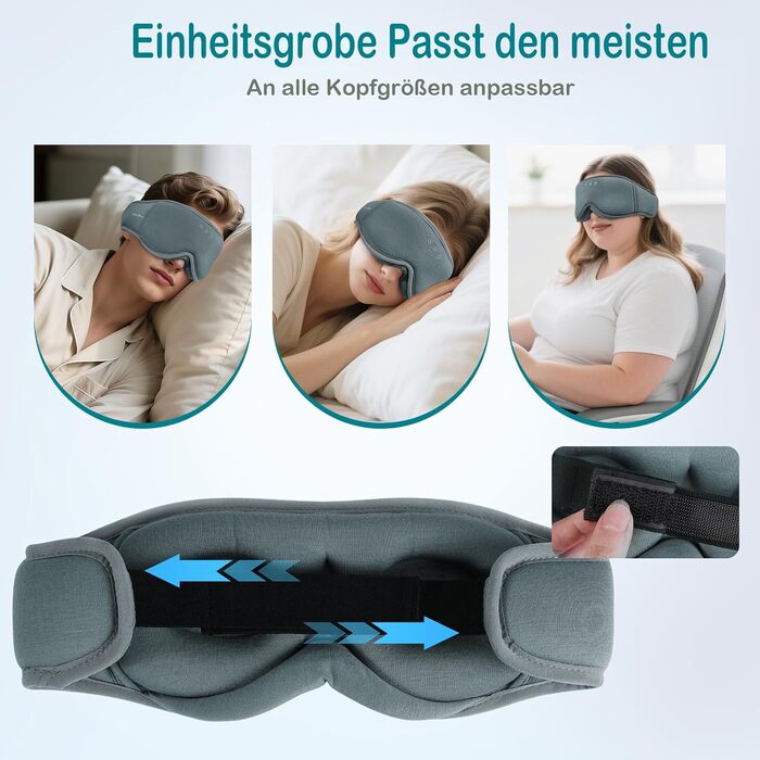 Маска для сну MUSICOZY з навушниками | 3D маска для сну з Bluetooth 5.4, 100% затемнення, з біо-бамбукової бавовни, для подорожей, сіра