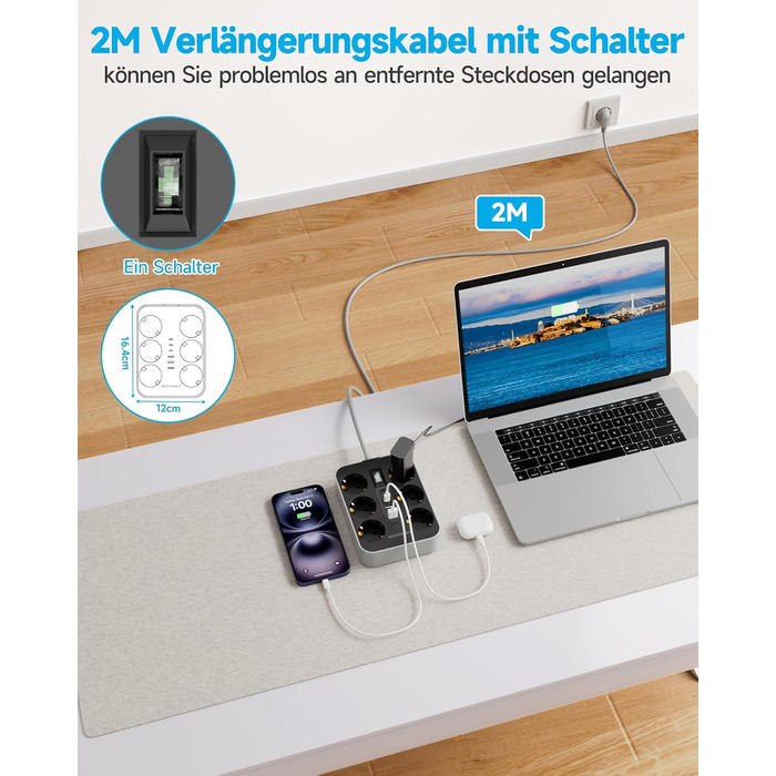 Мережевий фільтр 6-фазний з USB (3 USB-A, 3 USB-C), настінний, з вимикачем та кабелем 2м, захист від перенапруги, чорний