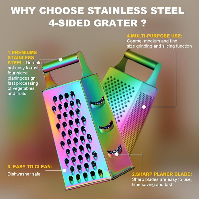 Тёрка YDware з нержавіючої сталі, квадратна, 23,7 см, для овочів, 1 шт. (Райдужна)