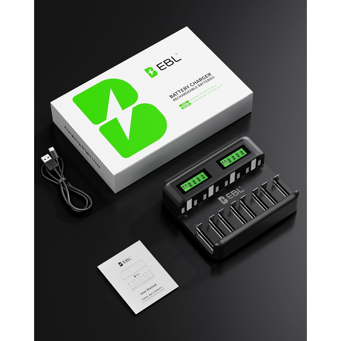 Зарядний пристрій EBL для акумуляторів AA AAA C D NI-MH, Type-C, LCD дисплей, швидка зарядка