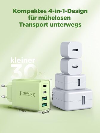 Мережевий адаптер Aioneus USB-C з 4 портами, 40W, PD 3.0, білий (1 шт., світло-зелений)