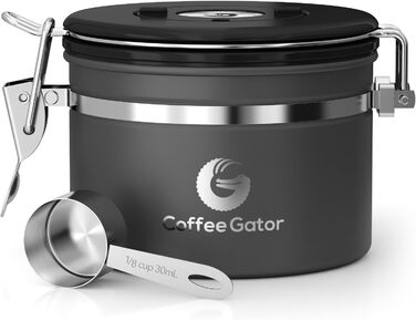 Контейнер для кави Coffee Gator з нержавіючої сталі - зберігає каву свіжою довше. З датою розкриття, CO2-вентилем та мірною ложкою. Маленький, сірий.