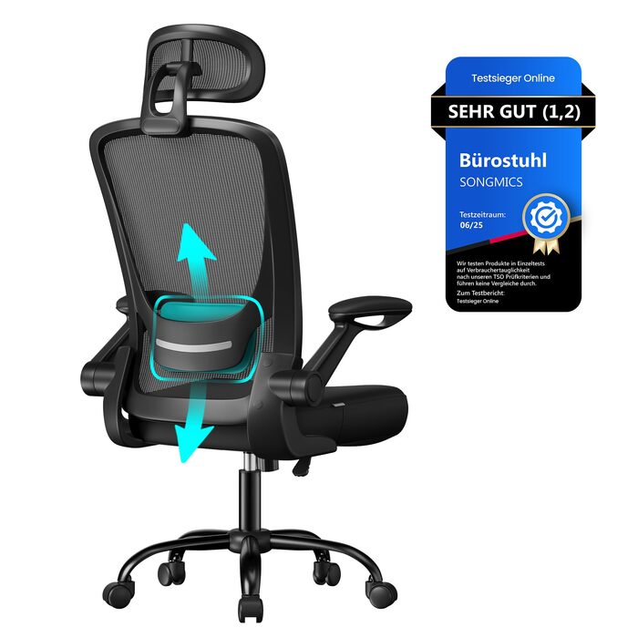 Офісне крісло SONGMICS з ергономічною спинкою з сітки, поперековою та підголівником, функцією гойдання, сидінням 53 см, відкидними підлокітниками, для робочого та спального місця, студентів, OBN37BK (Чорний)