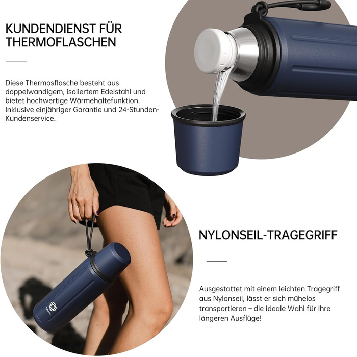 Термос Healter з чашкою 1л (72 години холод & 24 години гаряче) - термофляга для кави, чаю, термокружка з знімним дном та фільтром. Підходить для подорожей, офісу та школи (Зелений, Темно-синій)