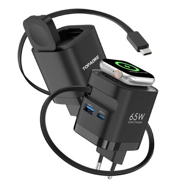 Зарядний пристрій 65W USB-C з кабелями для Apple Watch, 4 порти GaN USB-C, швидка зарядка для Apple Watch Ultra/11/10/9/8/7, MacBook, iPhone, iPad, Galaxy - Білий