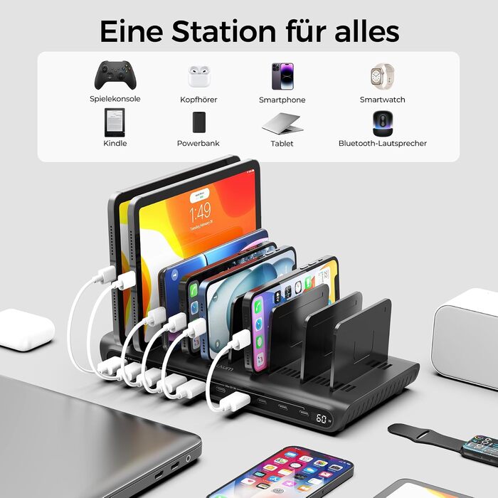 Зарядний пристрій Alxum 60W USB багатопортовий на 10 портів (8 USB-C + 2 USB-A) для телефонів, планшетів, Kindle – чорний