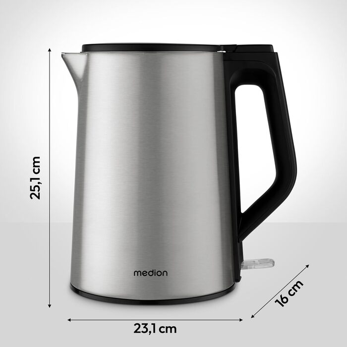 Електричний чайник Medion MD12105 з нержавіючої сталі, 1.5 л, 2200 Вт, з функцією підігріву та LED-індикатором, сріблястий