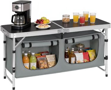 Складний алюмінієвий кемпінговий стіл-шафа WOLTU з регульованою висотою, чорно-сірий. Меблі для пікніка, пляжу, саду.