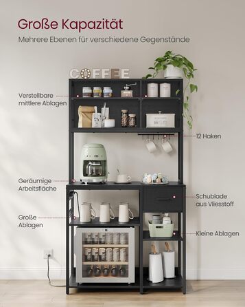 Стелаж кухонний VASAGLE з розетками, 40 x 100 x 180.4 см, з регульованими полицями, ящик з тканини, 12 гачків, антрацит-чорний