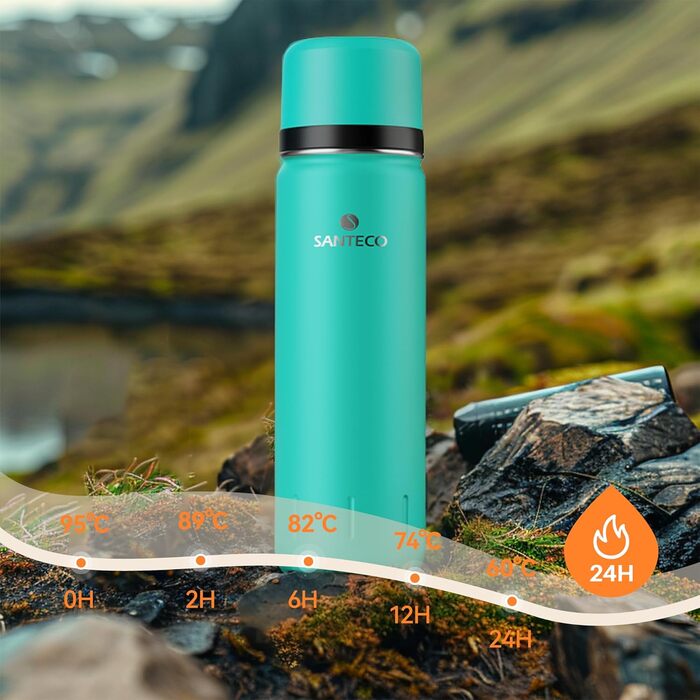 Термос-термокана Santeco з нержавіючої сталі, 1л, 500мл, з антивитіканням, ізольована пляшка з кришкою-чашкою для подорожей, термос для кави та чаю для дітей, спорту, без BPA, 24 години холод & 12 годин гарячий (зелений джунглів, 1000 мл)