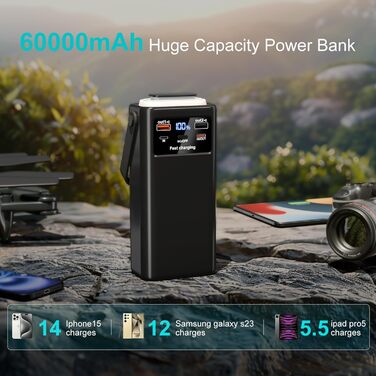 Power Bank 60000mAh 45W з LED-дисплеєм та 7 виходами - Зовнішній акумулятор для кемпінгу та подорожей, чорний