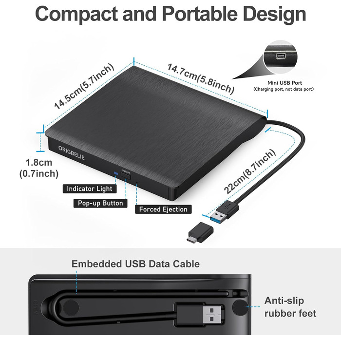Зовнішній DVD-записувач ORIGBELIE USB 3.0, портативний CD-ROM привід +/-RW для ноутбука, ПК, MacBook, Windows, Linux
