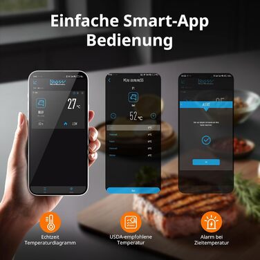 Бездротовий м'ясний термометр AIRMSEN з Bluetooth, керамічною термостійкою ручкою, LCD-дисплеєм, 150 м радіусом, акумулятором 1000 мАг, для гриля, барбекю, копчення