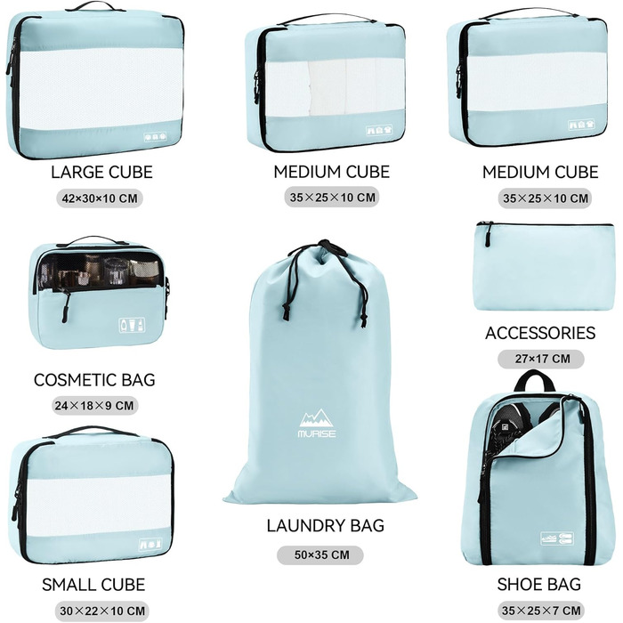 Органайзер для валізи MURISE, 8 шт. - Packing Cubes для подорожей, сумки-органайзери для валізи, з мішком для взуття та косметичкою, система організації, Travel Essentials, (Світло-блакитний)