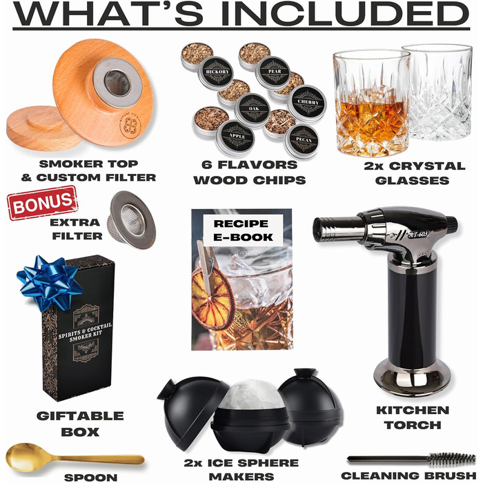 Whiskey Smoker Kit - Cocktail Smoker Kit with Torch, 2 Whiskey Glasses, 2 Ice Ball Makers, 6 Flavors of Wood Chips - Old Fashioned Smoker Bourbon Drink Smoking Set - Bourbon Gifts for