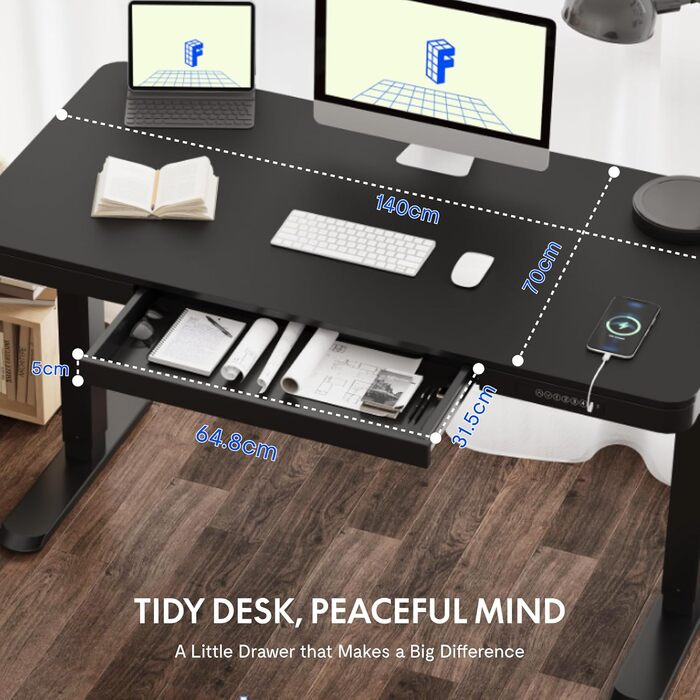 FLEXISPOT Electric Standing Desk with LED Display, Memory Function, USB Port & Drawer - 140x70cm, Luxury Black