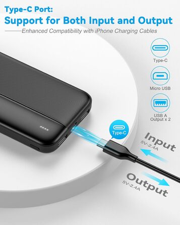 Power Bank GREPRO 10000mAh: компактний зарядний пристрій з USB-C та 2 USB виходами, чорний