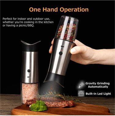 Gravity Electric Salt and Pepper Grinder Set, USB Rechargeable, Automatic, One-Handed Operation, Grinder for Kitchen, Grill, Adjustable Coarseness, Silver, 2 Pieces