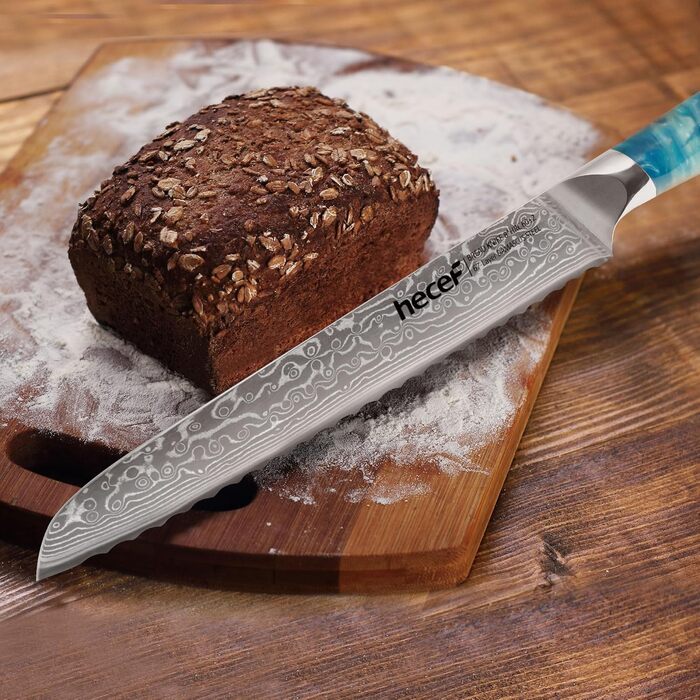 Японський ніж з дамаської сталі Hecef, 20 см, професійний кухонний ніж з ергономічною ручкою з смоли, 67 шарів, з захистом для ножа, подарунок для шеф-кухаря та любителів кулінарії