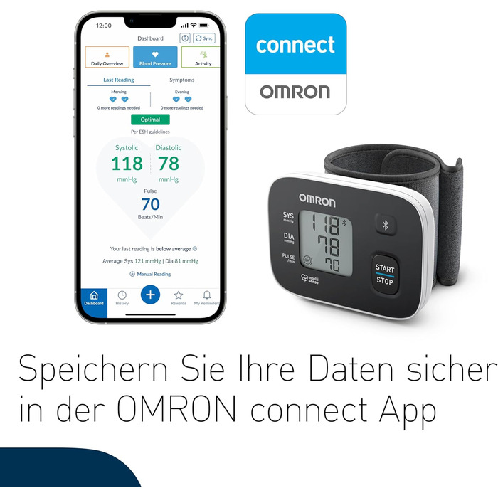 Тонометр OMRON RS3 Intelli IT на зап'ясті, клінічно перевірений, з безкоштовним додатком для смартфонів iOS/Android, манжета 13,5 – 21,5 см, контроль правильного прилягання манжети та 30 місць пам'яті