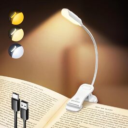 LED лампа для читання Glocusent з кліпсою, перезарядна, 10 світлодіодів, 3 кольори та 3 рівні яскравості, до 80 годин роботи, гнучка на 360°, для читання, білий колір