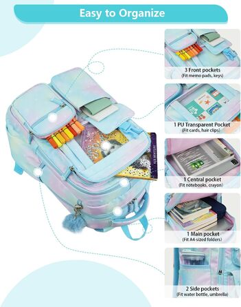 Рюкзак для дівчинки Tanou - шкільний ранець для 1-4 класів, дихаючий, водовідштовхуючий, нейлон, блакитний
