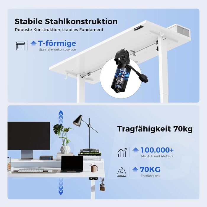 Регульований за висотою стіл Agilestic з 2 висувними ящиками, 140 x 60 см. Електричний, ергономічний стіл для роботи, комп'ютерний стіл, білий