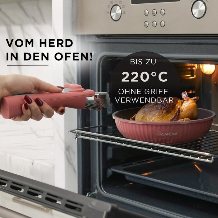 Набір каструль Kasanova Eaziclip 9 шт. з керамічним покриттям, індукційні, знімні ручки, антипригарні, рожевий