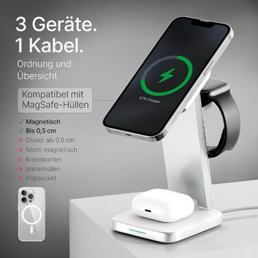 TEGLER 3-в-1 MagSafe зарядний пристрій: алюмінієва зарядна станція для iPhone, Apple Watch та AirPods, з адаптером 20W та USB-C кабелем