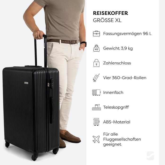 Набір валіз 3 шт: ручна поклажа, середній та великий кофр, ABS, 360° колеса, кодовий замок, телескопічна ручка (Чорний, XL)