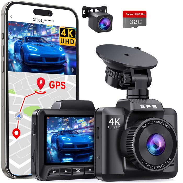 Автомобільний відеореєстратор 4K + 1080P з GPS та WiFi, передня та задня камери, нічний режим, датчик удару G-сенсор, паркувальний моніторинг, підтримка карт до 256ГБ (карта 32ГБ у комплекті), чорний