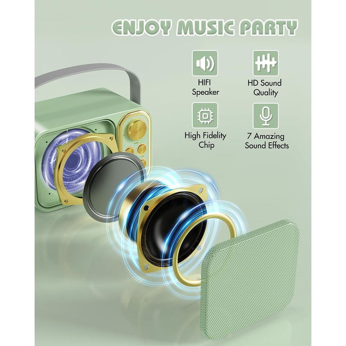 Караоке машина з 2 мікрофонами, портативна Bluetooth колонка для дітей та дорослих, 7 голосових ефектів, ідеально для вечірок та свят (зелена)