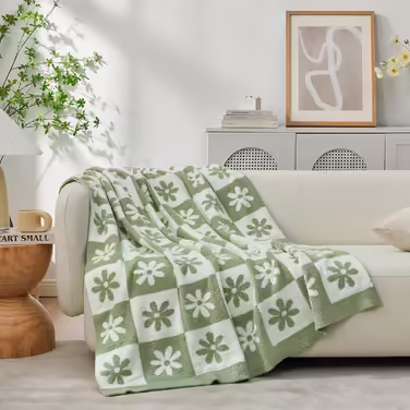 Snuggle Sac Checkered Blanket, sage green with floral pattern, throw blanket for couch, checkered, microfiber, fluffy, warm, cozy, plush, soft, reversible, checkered, for sofa, chair, bed, 127 x