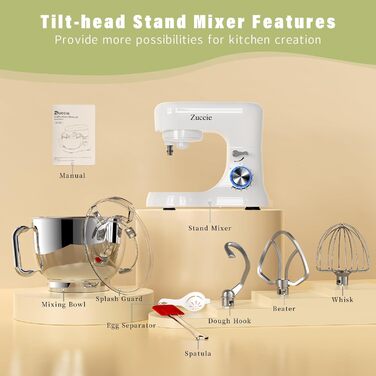 Stand Mixer, Zuccie Stand Mixer Quiet Mixing Machine including 5L Stainless Steel Bowl, 3 Mixing Tools, Splash Guard, Dough Scraper, and Egg Separator, 8+ Speed Dough Machine (White)