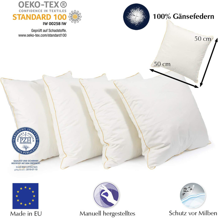 H&F Heimtextilien 4-Pack Feather Pillow 50x50 cm | 700g Feather Filling | Pillow with OekoTex Certification | Cover: 100% Cotton