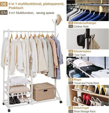Yorbay Bamboo Clothes Rack with Wheels, Clothes Rail, 3 Shelves and 6 Hooks, Tree Shape, 100 x 38 x 176 cm (White)