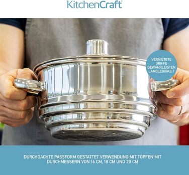 KitchenCraft 3-Tier Steamer, universal steaming insert, stainless steel, suitable for 16, 18 and 20 cm wide pots, Silver 1 Silver