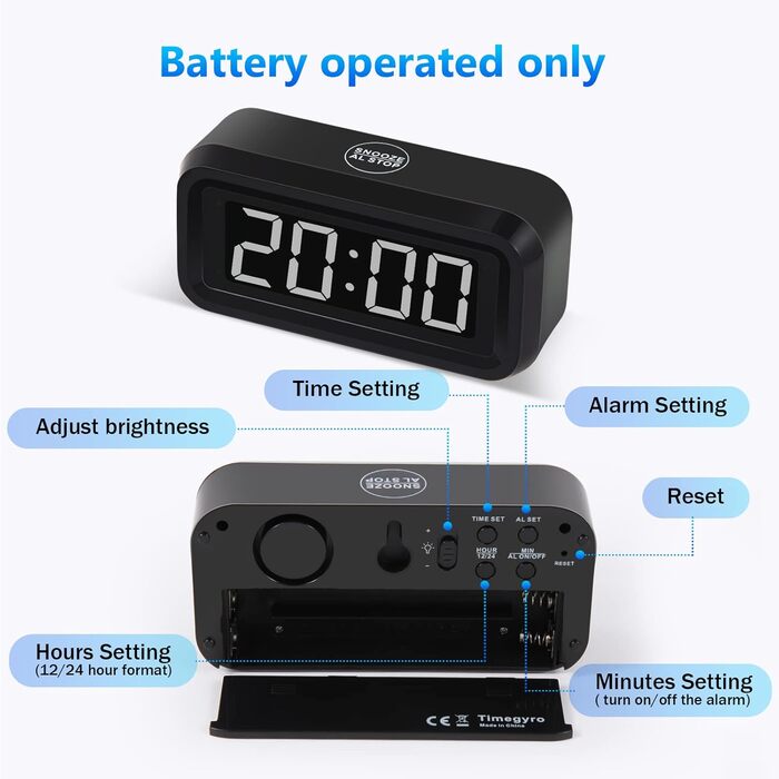 Цифровий будильник Timegyro з LED дисплеєм, акумуляторний, компактний, для подорожей та дому, 3 рівні яскравості, великий LED дисплей 1.2', чорно-білий