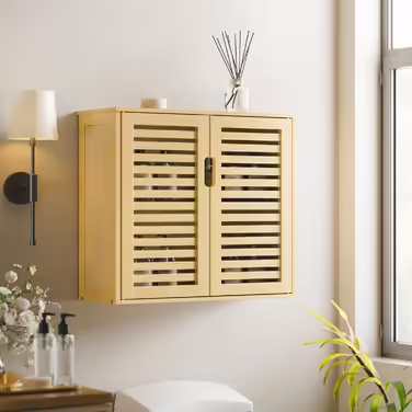 HITNET Bamboo Hanging Cabinet White, Bathroom Wall Cabinet Hanging, Medicine Cabinet over Toilet with Adjustable Shelves, Bathroom Cabinet Wall Mount (Natural)